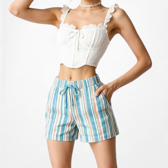 Blue High Low Rise Drawstring Relaxed Fit Summer Bermuda Style Shorts Size XS/S - Picture 1 of 7